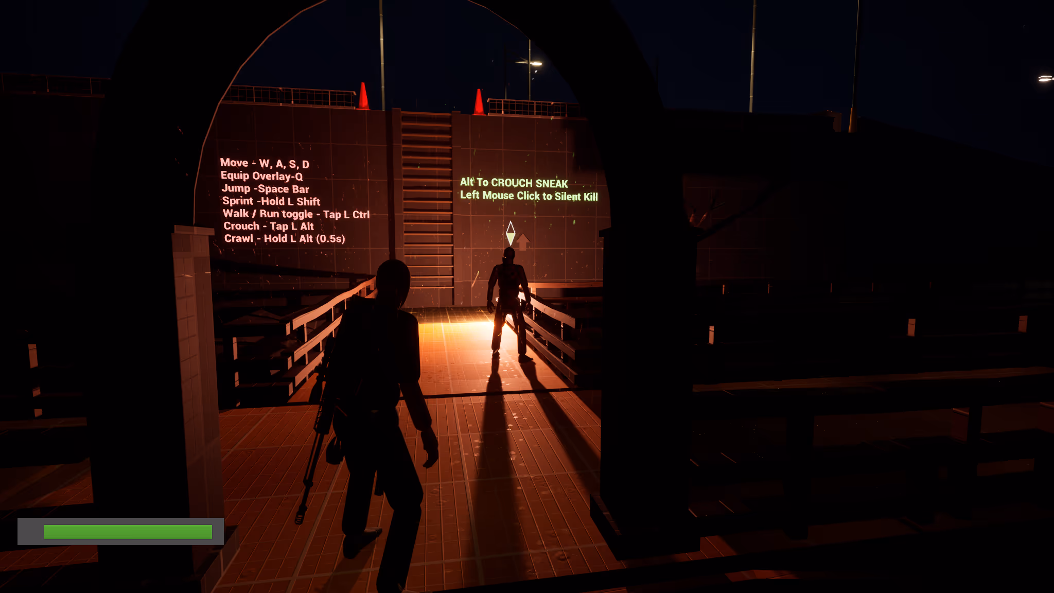 Boat dock archway: Searcher guard in orange light and wall tutorial prompts