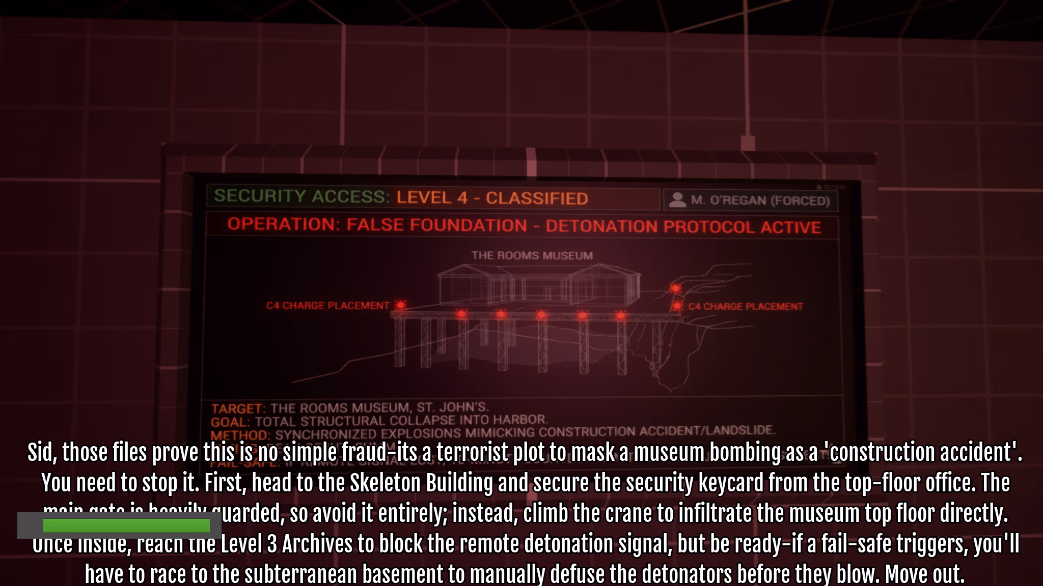 Site Trailer terminal: blueprint with C4 markers and detonation protocol warning
