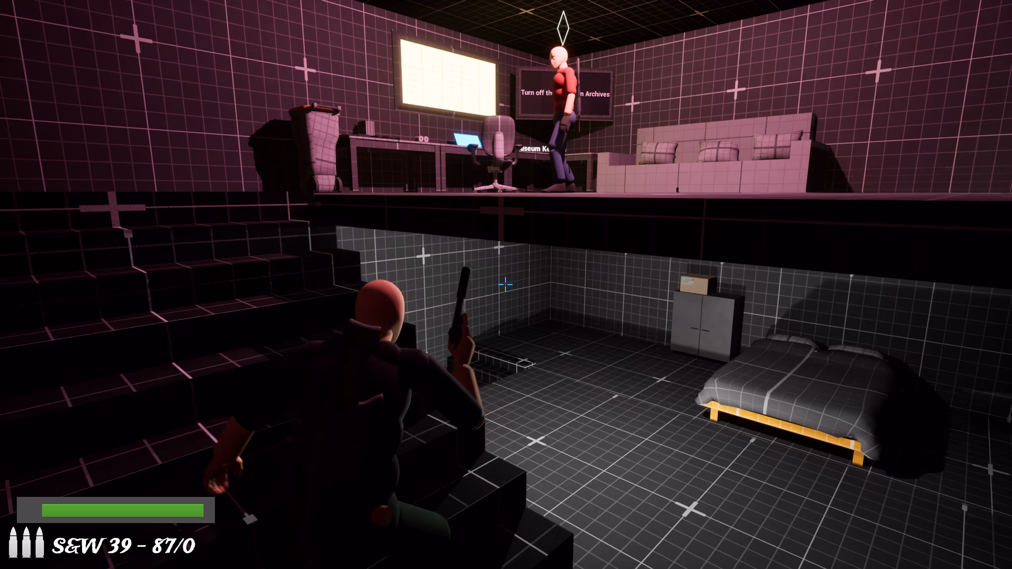Skeleton Building: TV audio cue and path to the Museum Keycard