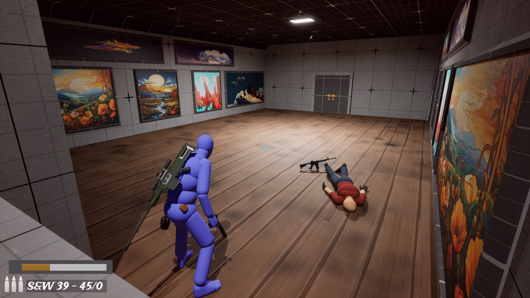 Museum top floor chokepoint: audio cue, guard, and safe gallery space