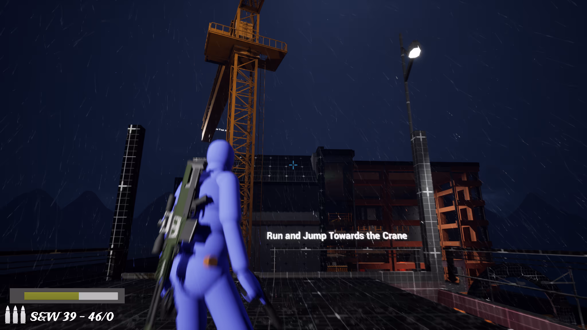 Terrace objective: run and jump toward the yellow crane