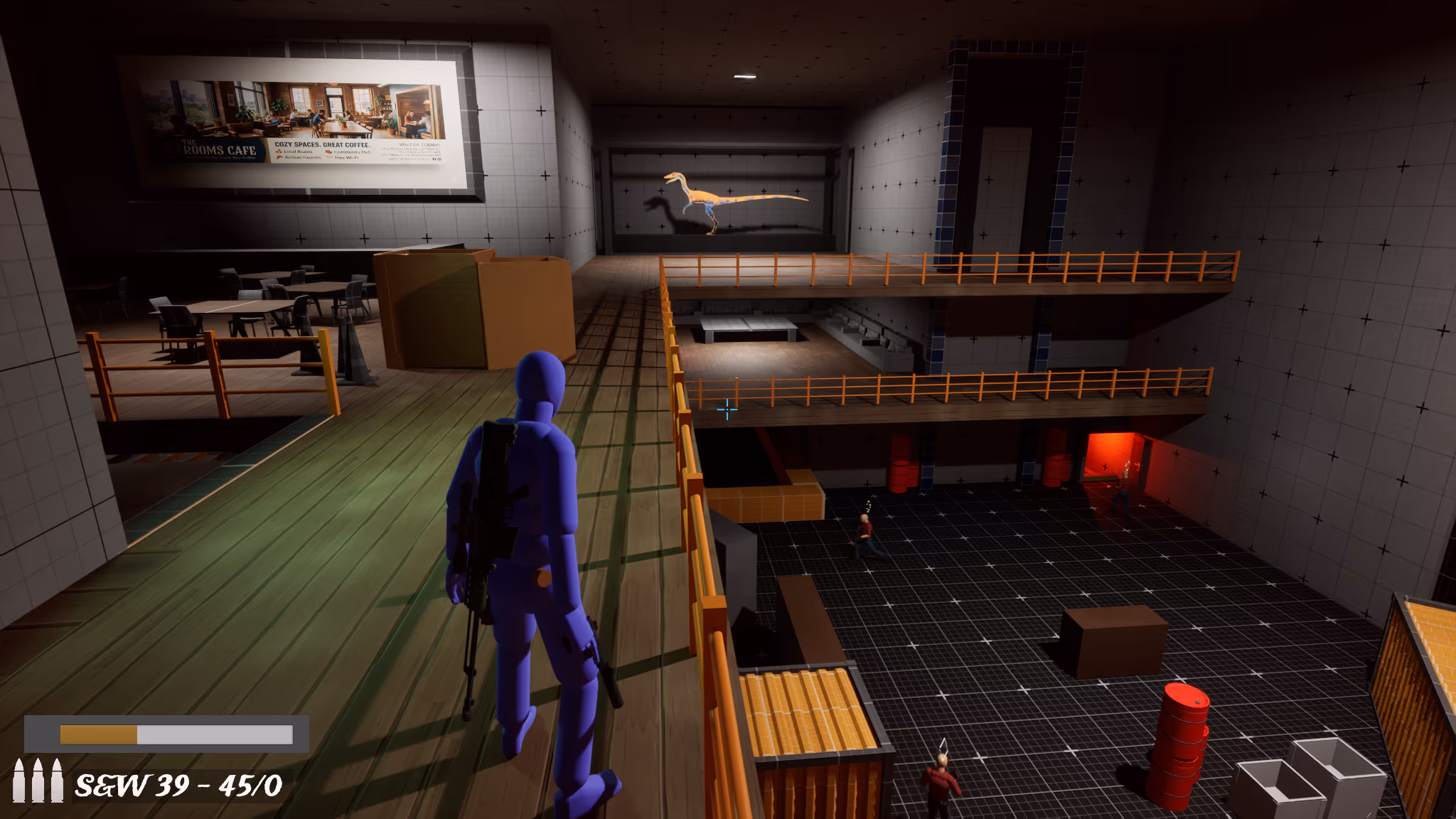 Museum atrium vantage: Rooms Cafe, dinosaur exhibit, and ground-floor guard sightlines