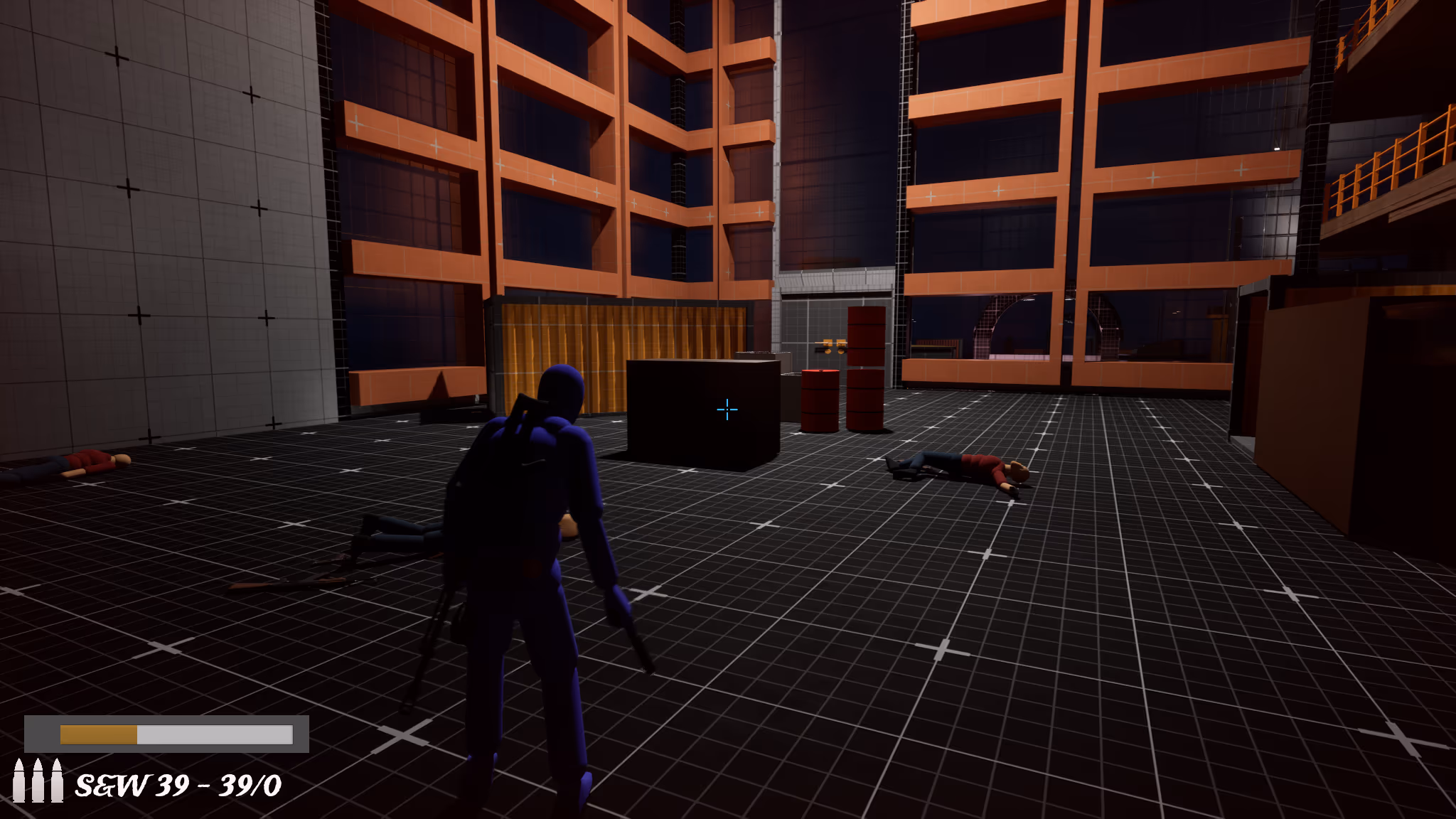 Fail-safe sprint: returning through the museum atrium toward the framed basement door