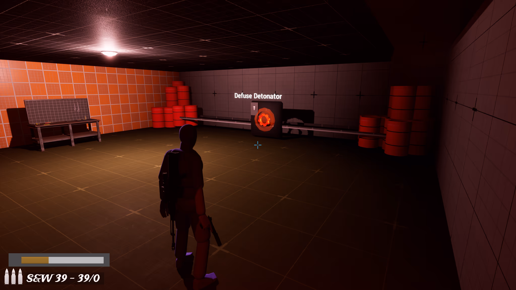 Basement defusal chamber: red barrels, hazard-orange tiling, and Defuse Detonator pressure