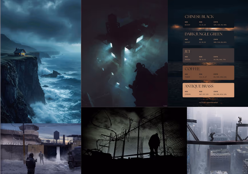 Mood board and color palette: stealth swatches and neon-on-wet-concrete night references