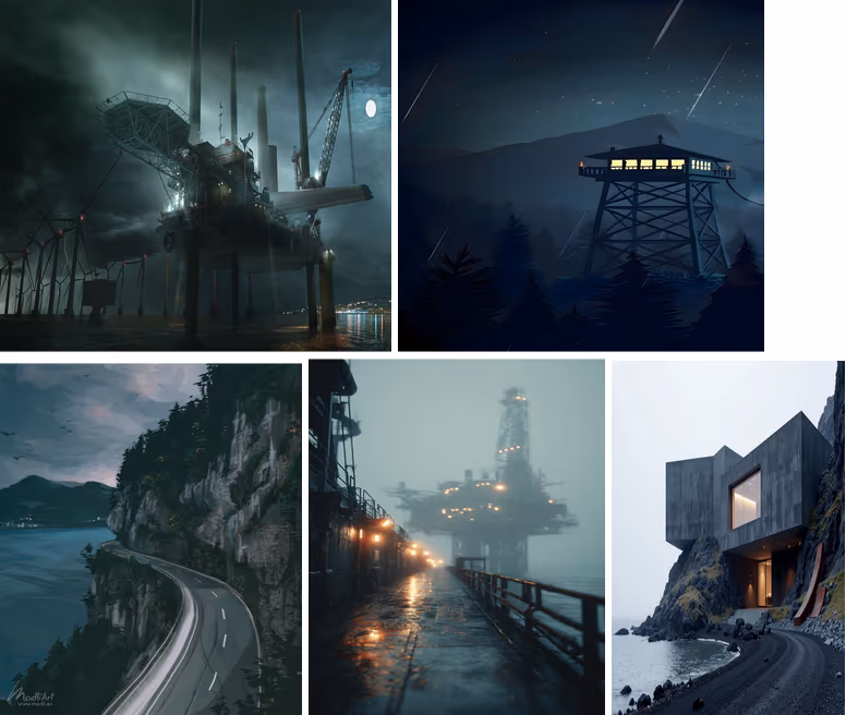 Environmental reference sheets: industrial and coastal pillars, warm interior glows in cool blue storm