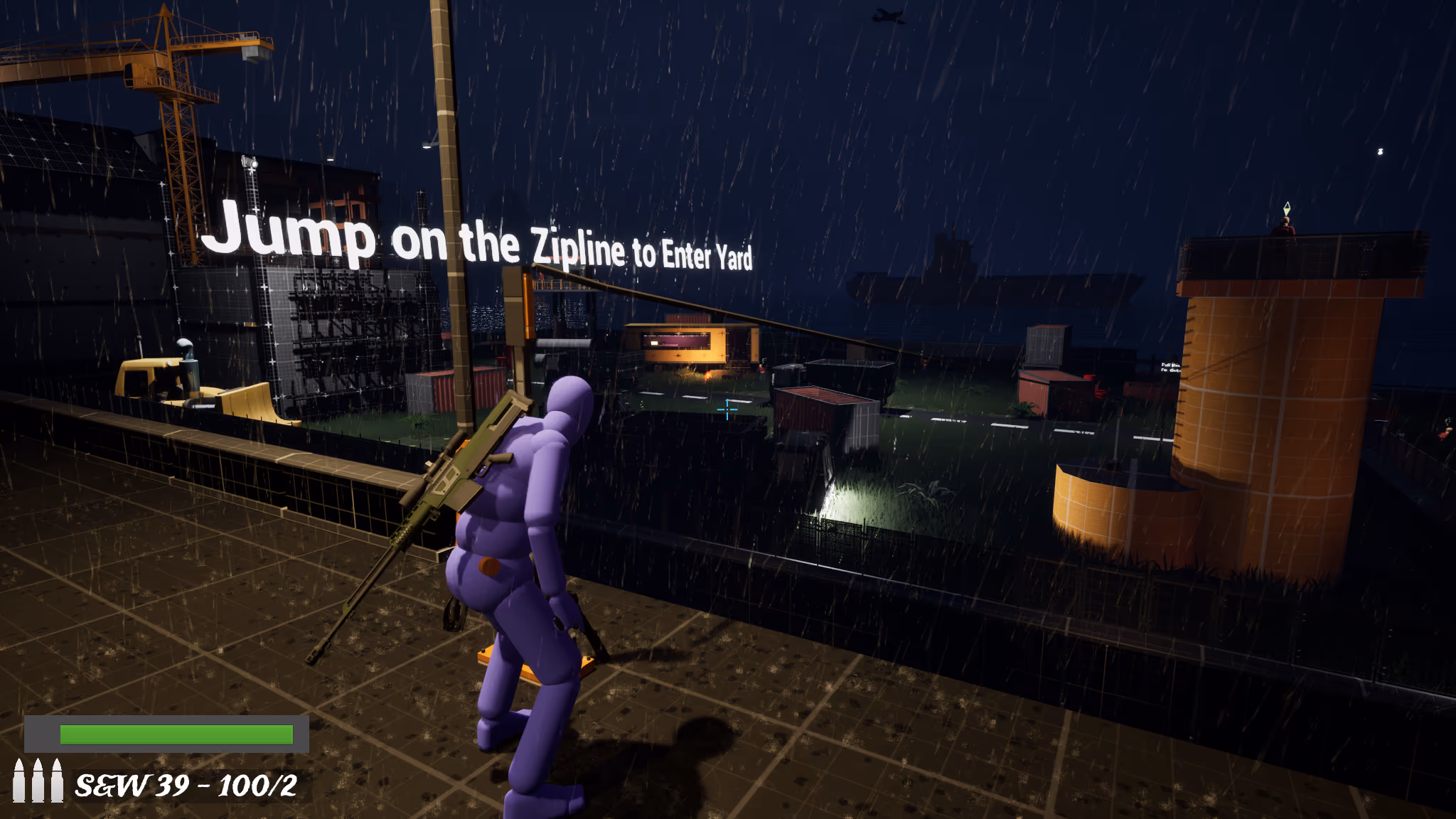 Zipline entry toward silos, bypassing the main gate