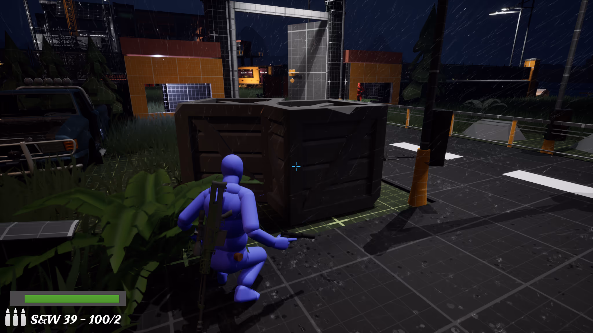Crouch behind large crates breaking Searcher sightlines in the yard