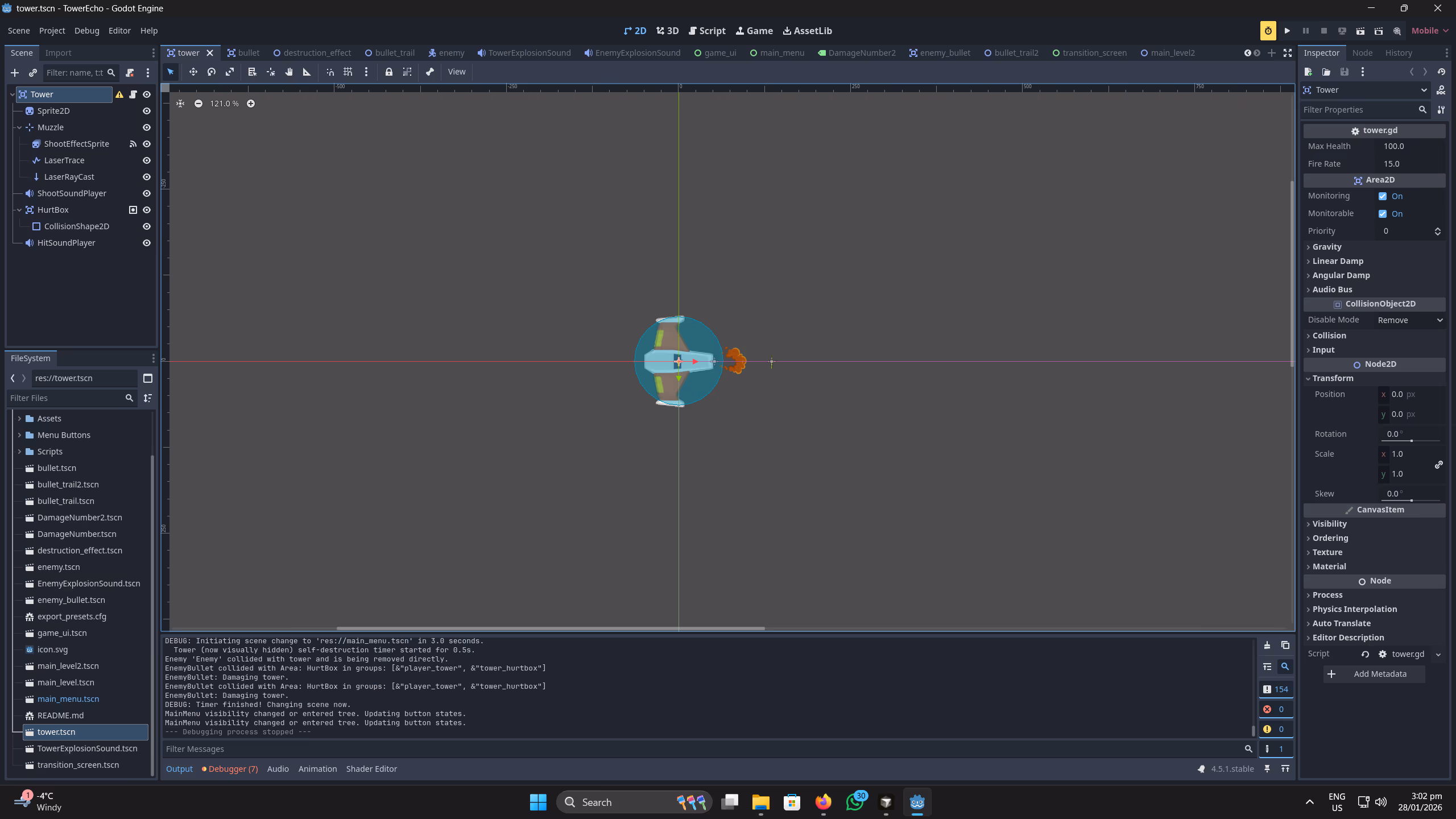 TowerEcho - in-game HUD, mouse-aimed turret, and combat