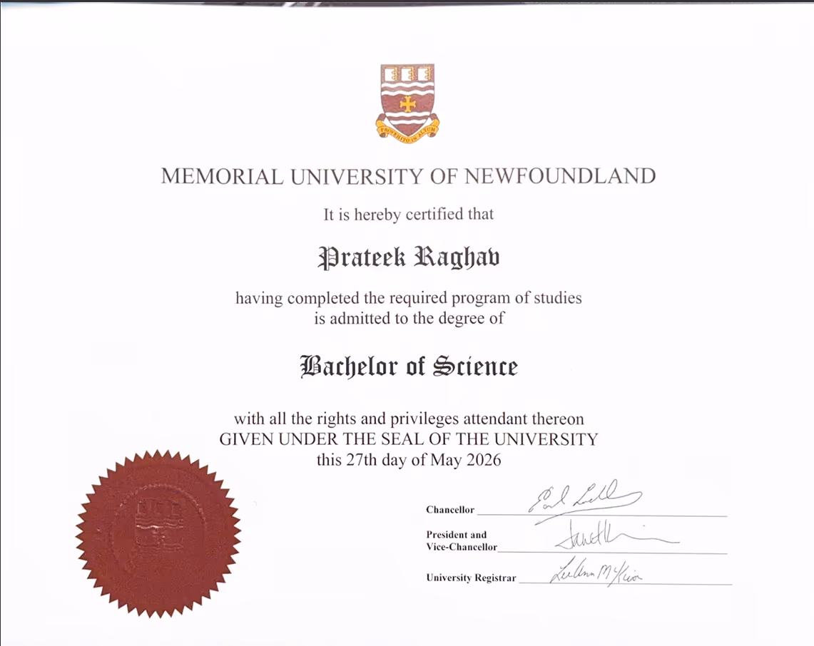 Bachelor's in Computer Science degree from Memorial University of Newfoundland